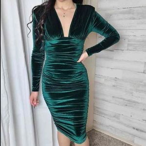 Velvet Size Small Deep V Midi Bodycon Knee Dress Long Sleeve Nwot